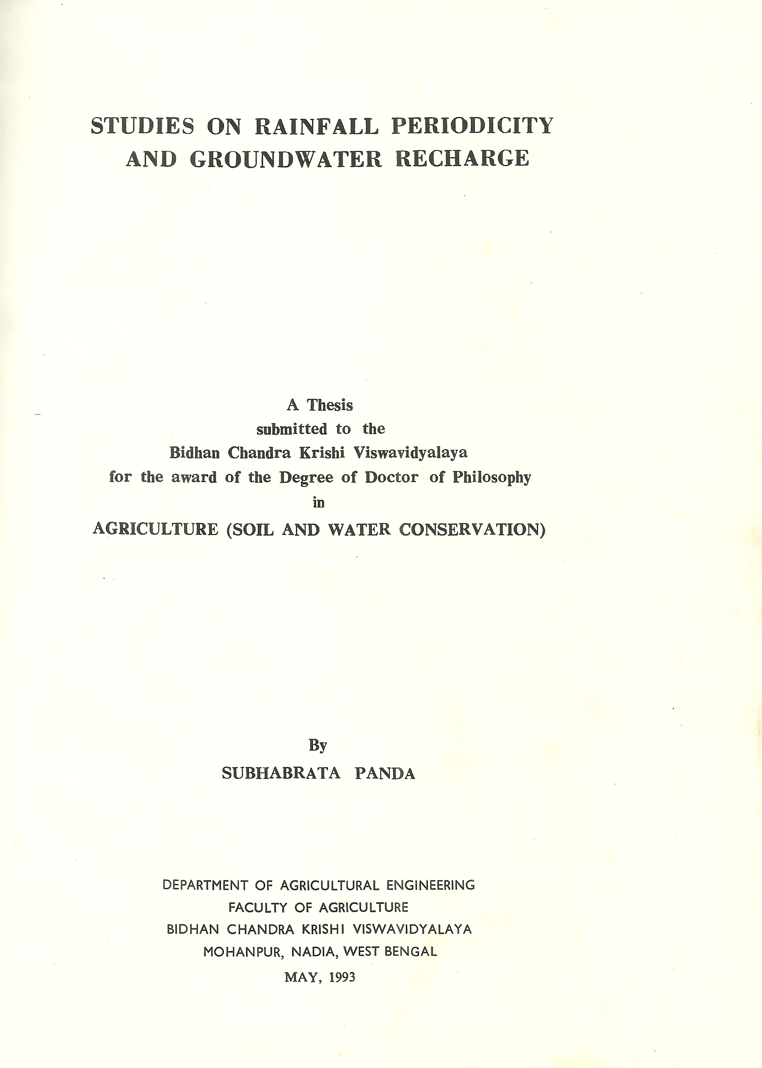 Studies on Studies on Rainfall Periodicity and Groundwater Recharge